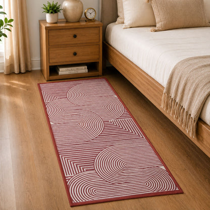 Modern Geometric Digital Print  Area Rug - Terracotta Rust Brown and Cream Abstract Wave Pattern-Decovia