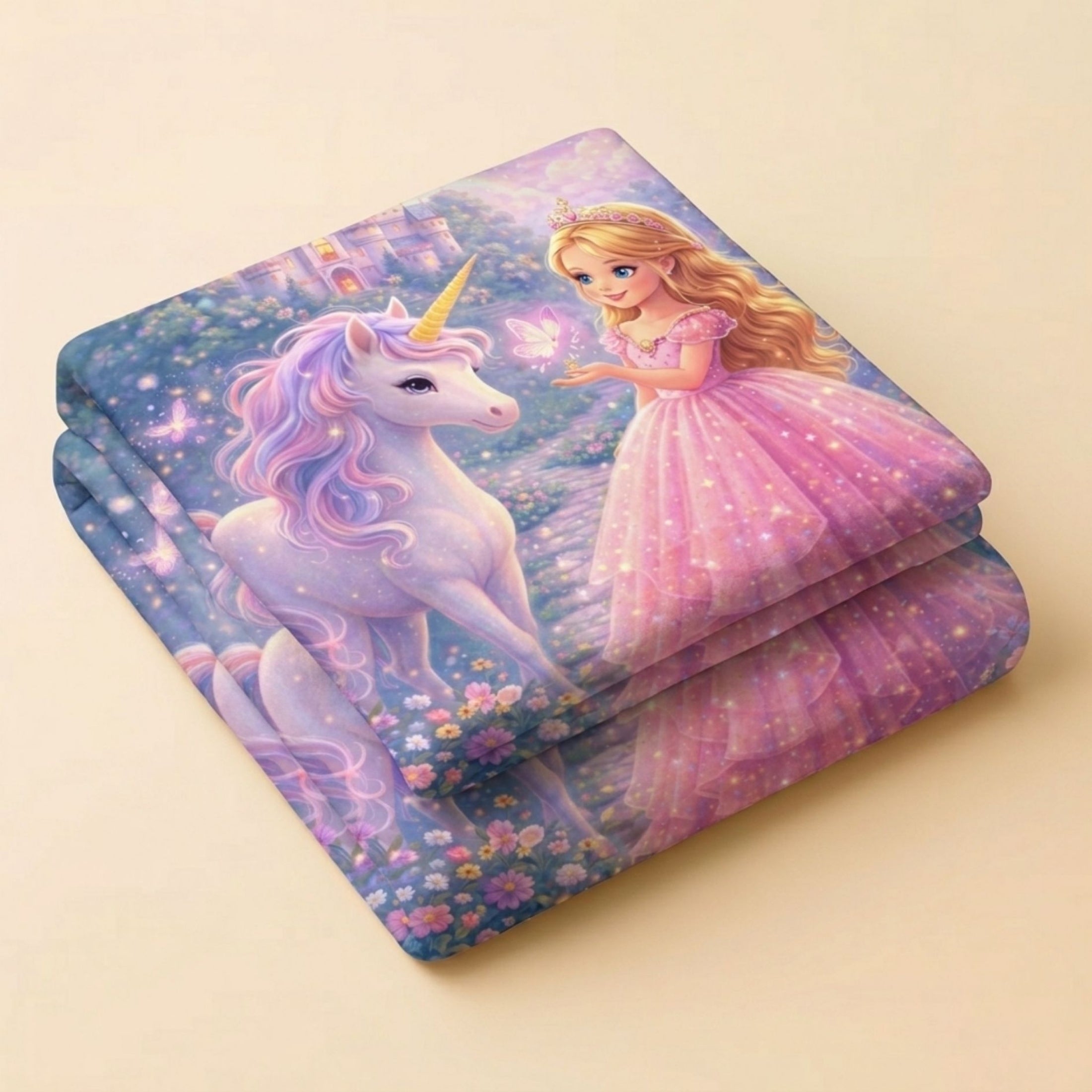 7D Digital Printed Princess & Unicorn Cotton Feel Microfiber King Size Double Bedsheet with Pillow Covers - Decovia