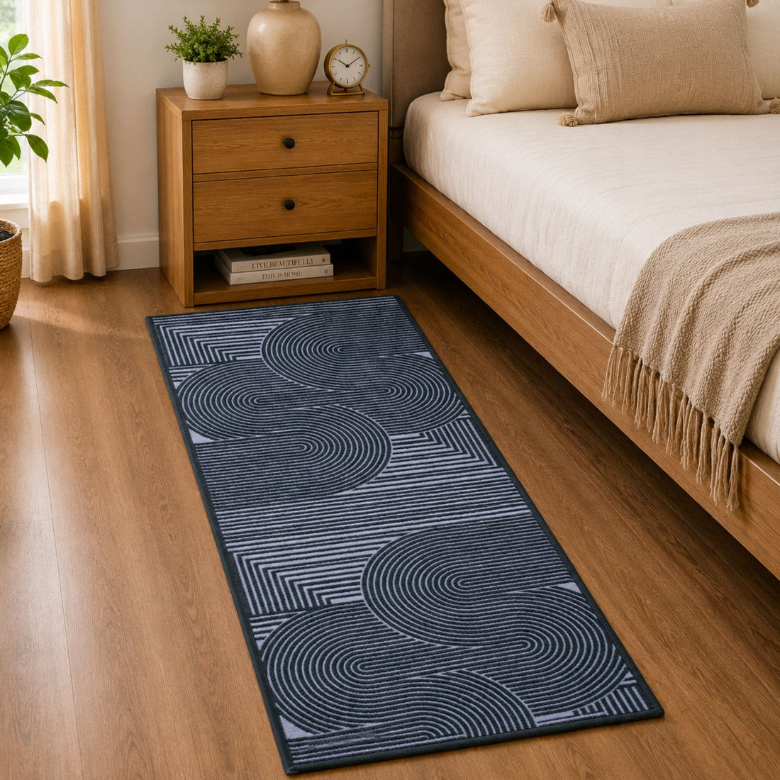 Modern Abstract Geometric Digital Print Area Rug | Black and Grey Abstract Swirl Accent Rug - Decovia