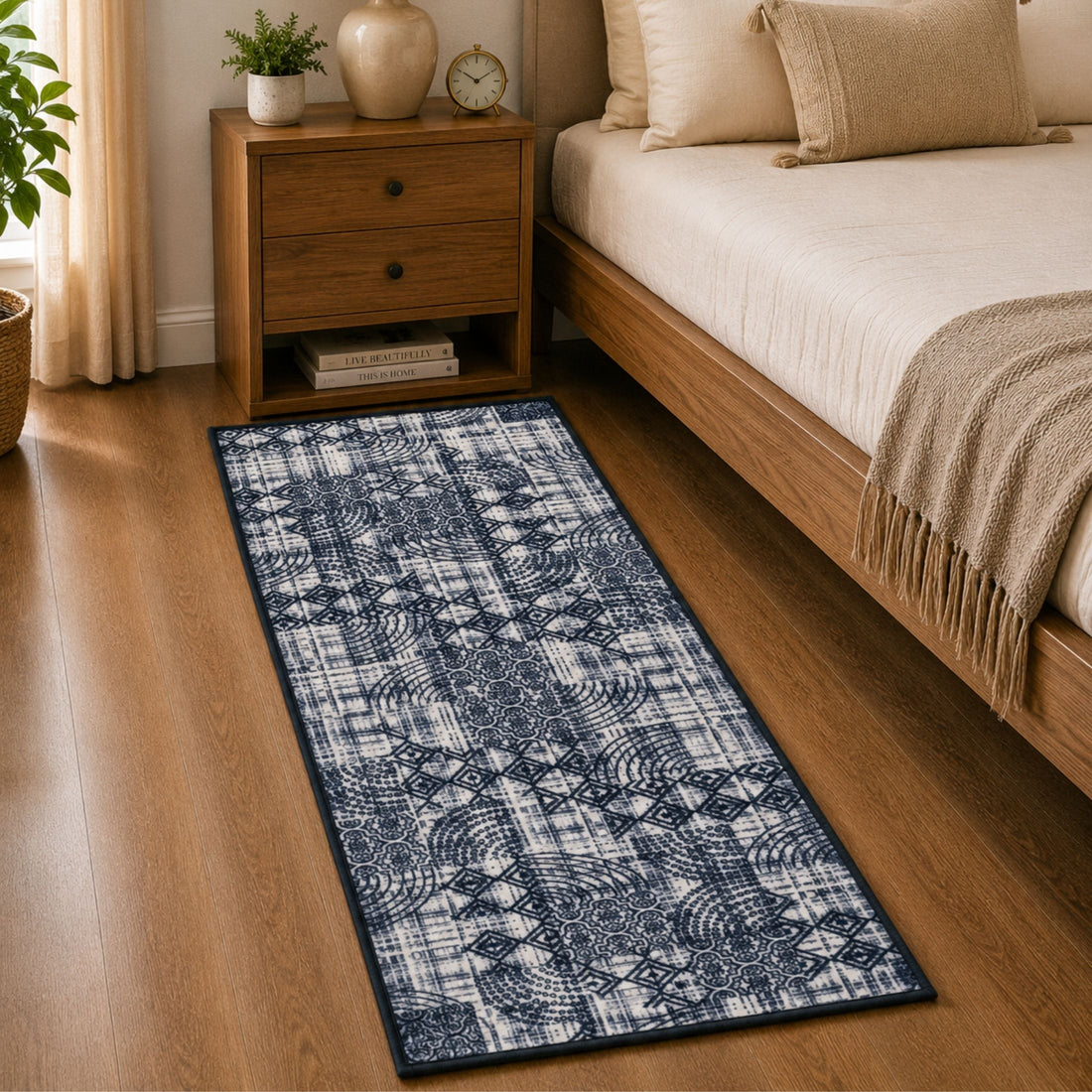 Modern Abstract Geometric Digital Print Area Rug | Charcoal Black and Cream Bohemian Accent Rug - Decovia