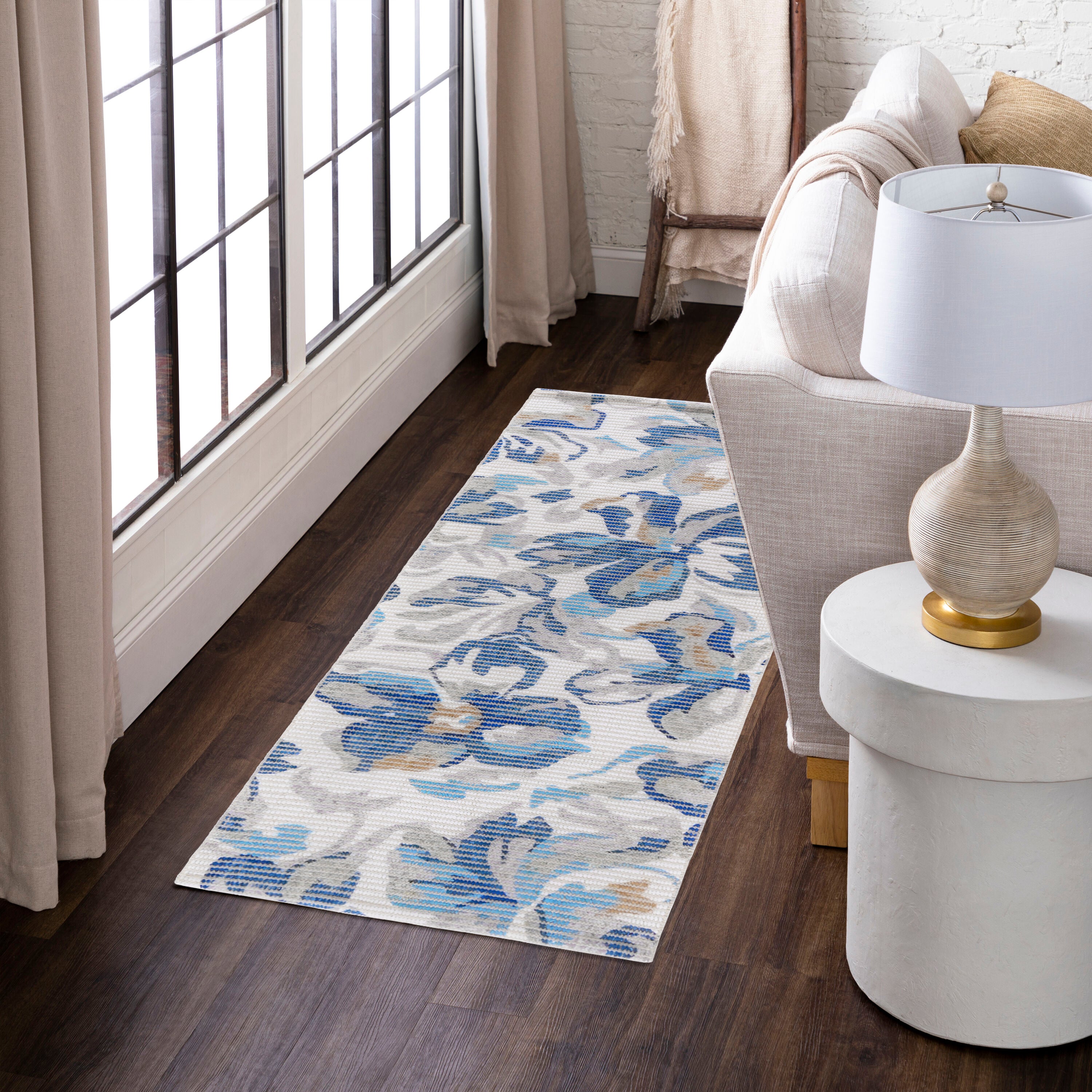 Elegant Blue Floral Woven Floor Runner – 60x22 Inch