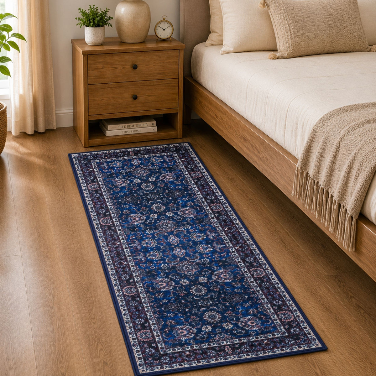Premium Floral Persian Pattern Digital Print Area Rug | Navy Blue, Burgundy Red, and Cream Medallion Accent Rug - Decovia