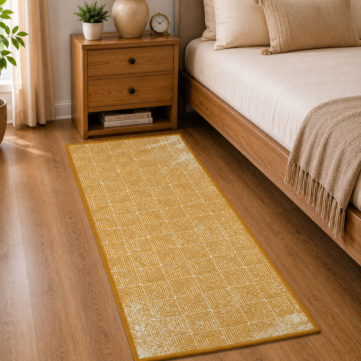 Modern Geometric Digital Print  Area Rug | Premium Yellow Mustard and Cream Woven Rug - Decovia