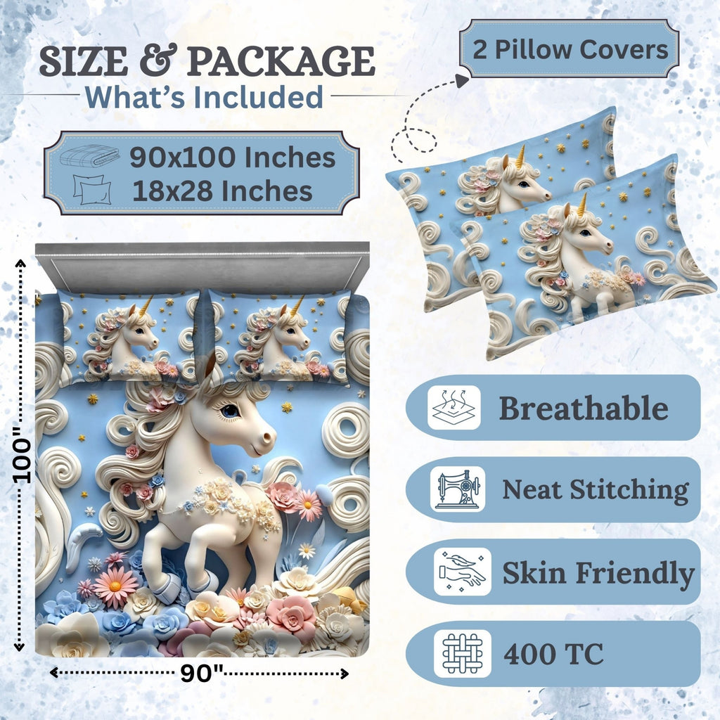 7D Digital Printed Unicorn Cotton Feel Microfiber King Size Double Bedsheet with Pillow Covers - Decovia