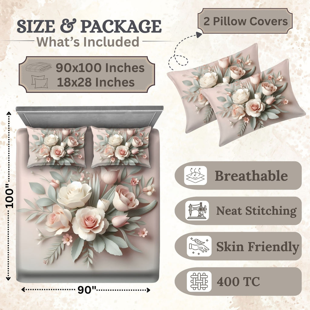 7D Digital Printed Floral Cotton Feel Microfiber King Size Double Bedsheet with Pillow Covers - Decovia