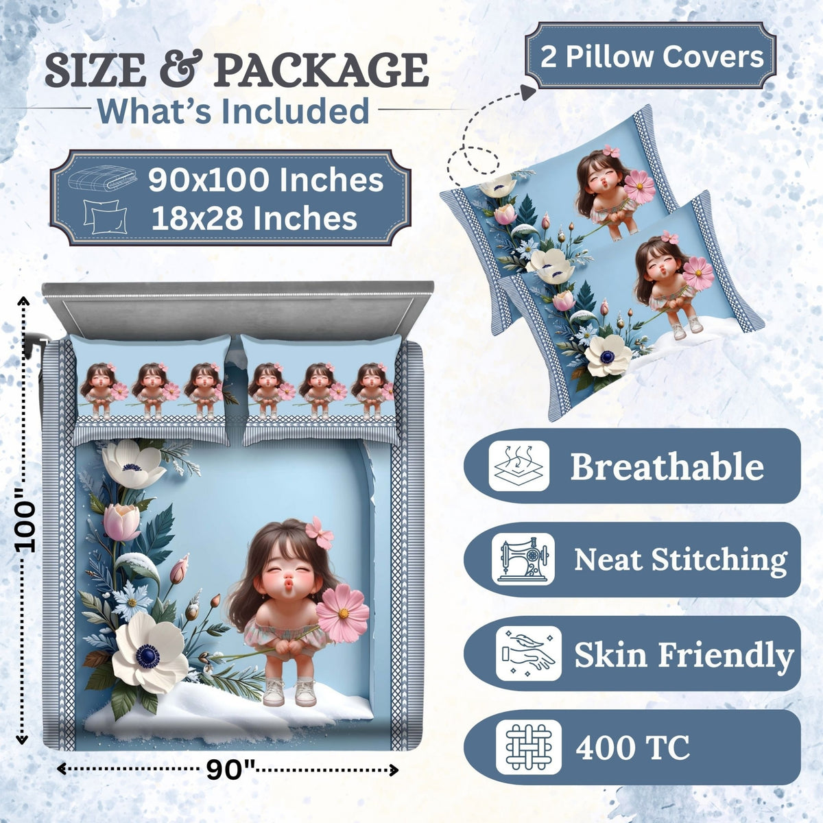 7D Digital Printed Little Girl Cotton Feel Microfiber King Size Double Bedsheet with Pillow Covers - Decovia