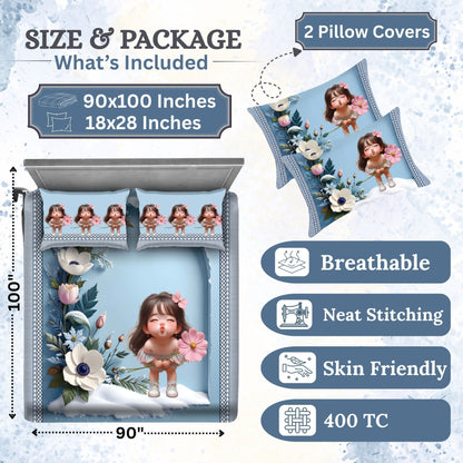 7D Digital Printed Little Girl Cotton Feel Microfiber King Size Double Bedsheet with Pillow Covers - Decovia