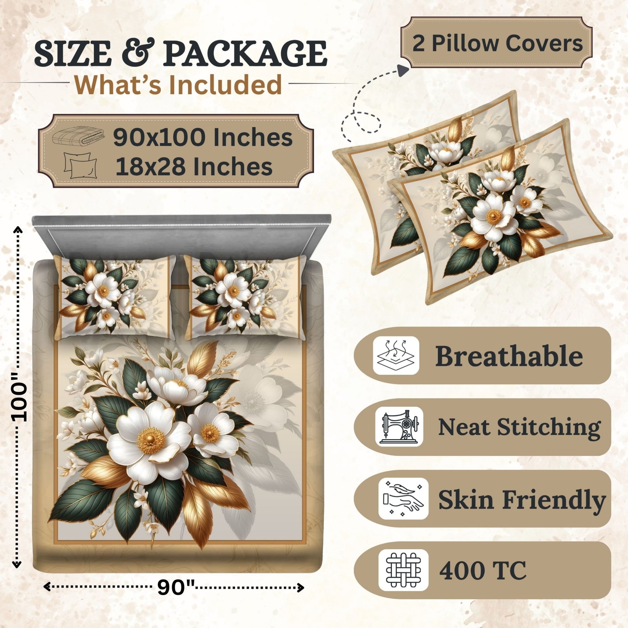 7D Digital Printed Floral Cotton Feel Microfiber King Size Double Bedsheet with Pillow Covers - Decovia