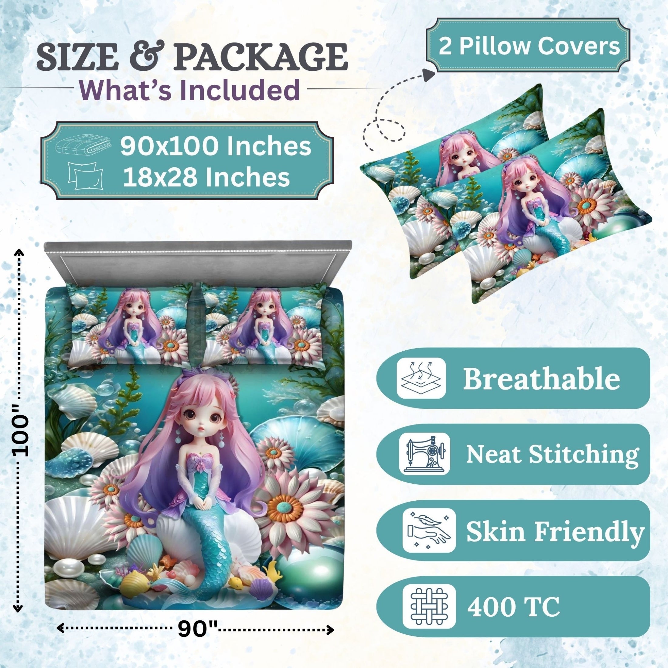 7D Digital Printed Magical Undersea Cotton Feel Microfiber King Size Double Bedsheet with Pillow Covers - Decovia