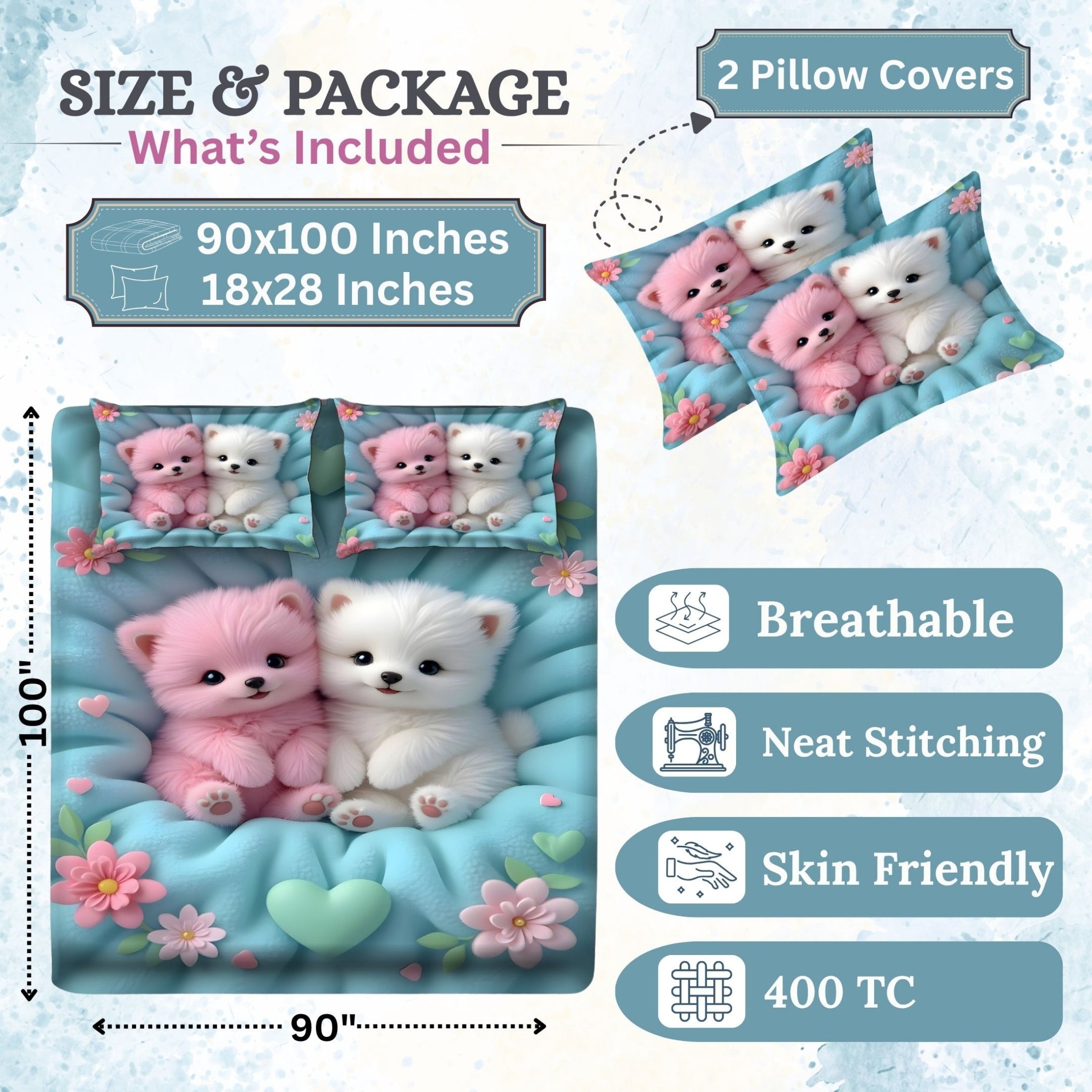 7D Digital Printed Cute Puppy Cotton Feel Microfiber King Size Double Bedsheet with Pillow Covers - Decovia