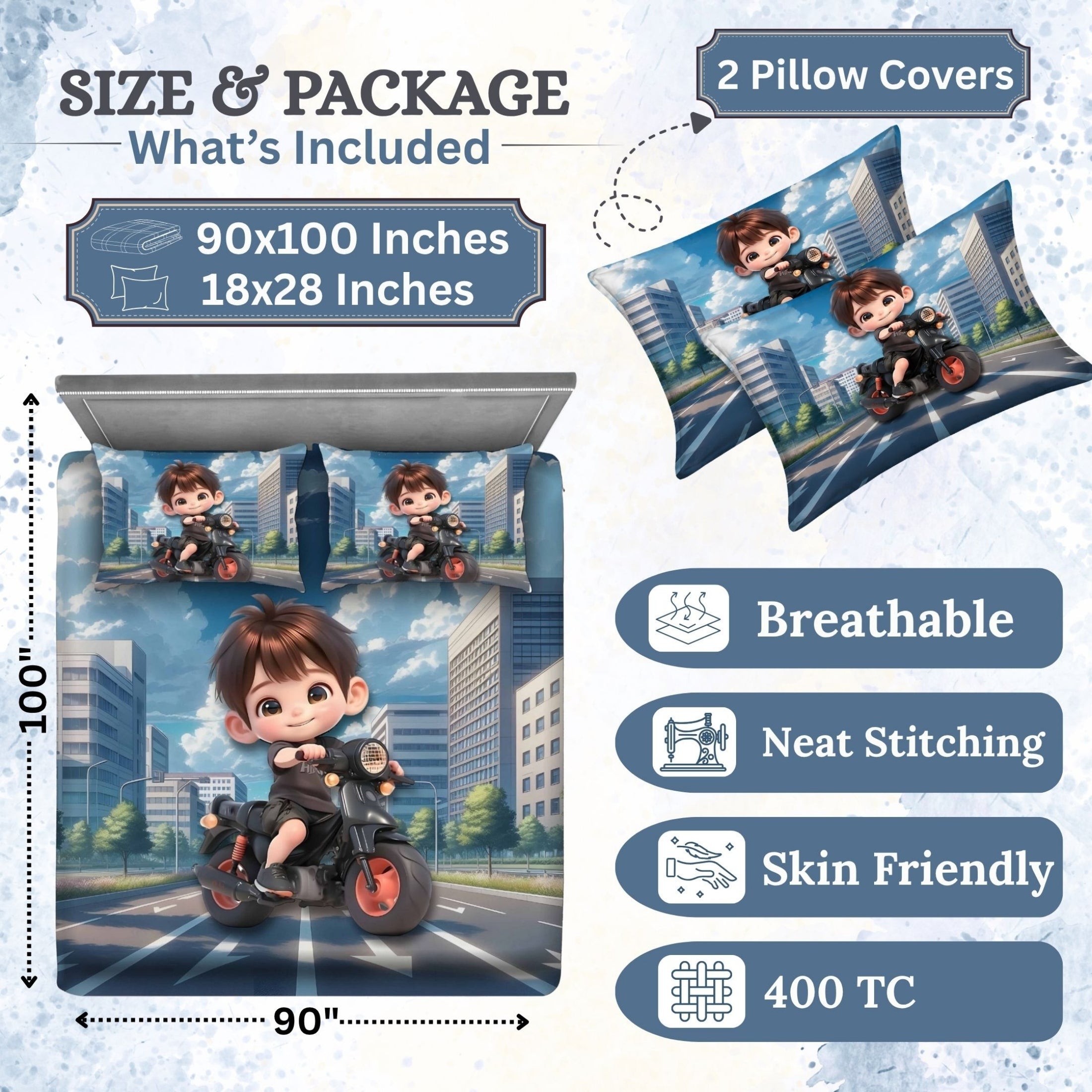 7D Digital Printed Little Biker Cotton Feel Microfiber King Size Double Bedsheet with Pillow Covers - Decovia
