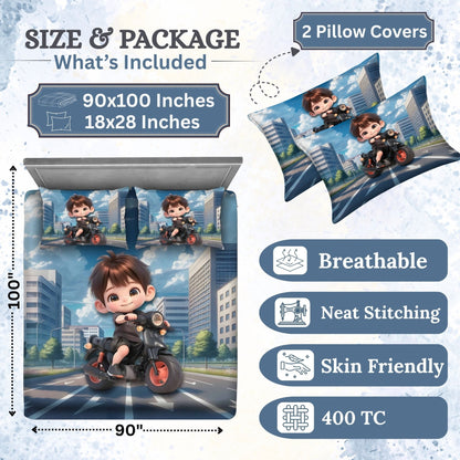 7D Digital Printed Little Biker Cotton Feel Microfiber King Size Double Bedsheet with Pillow Covers - Decovia
