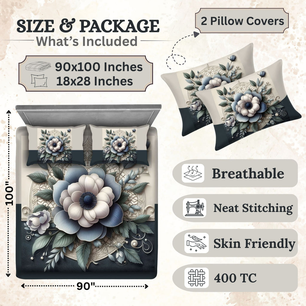 7D Digital Printed Floral Cotton Feel Microfiber King Size Double Bedsheet with Pillow Covers - Decovia