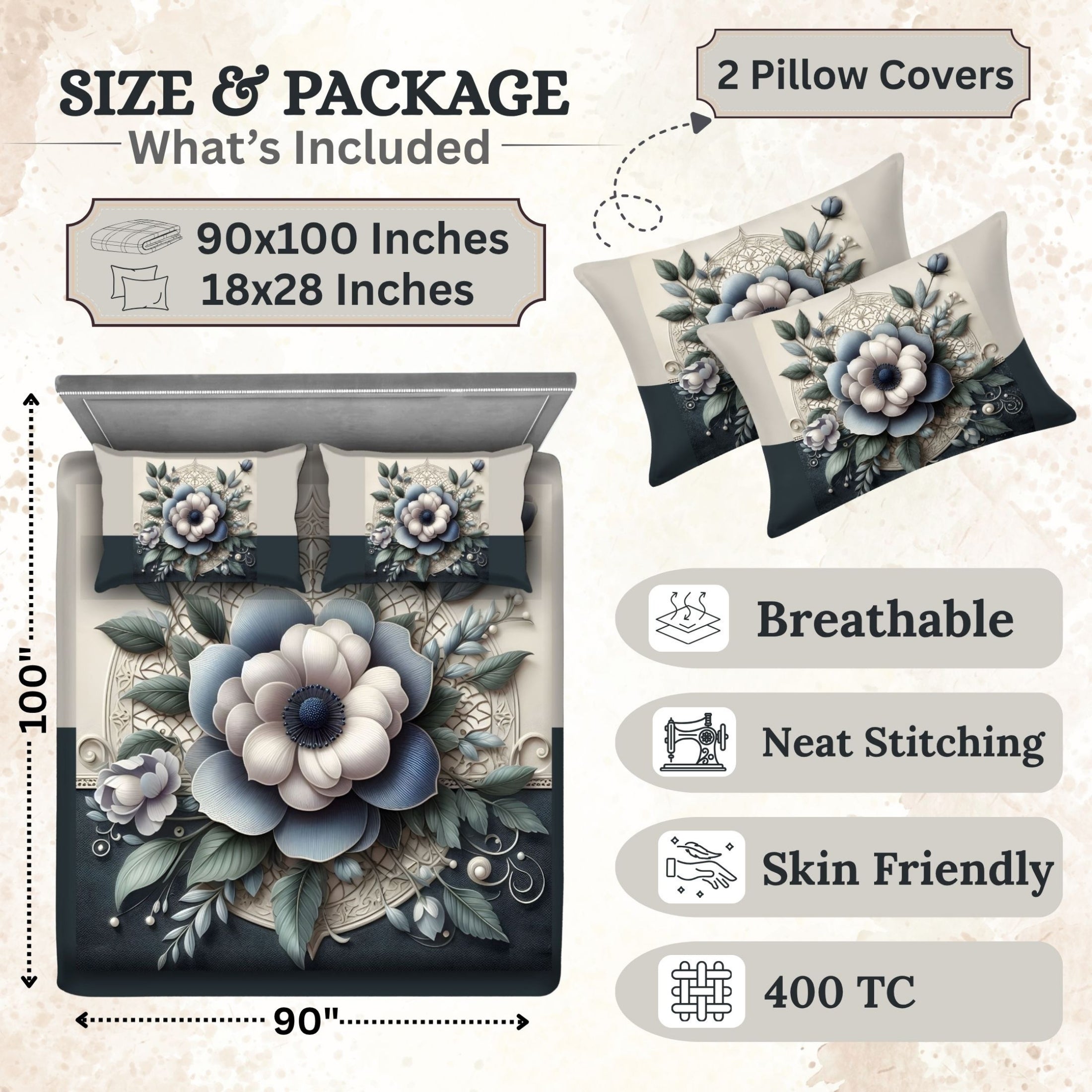 7D Digital Printed Floral Cotton Feel Microfiber King Size Double Bedsheet with Pillow Covers - Decovia