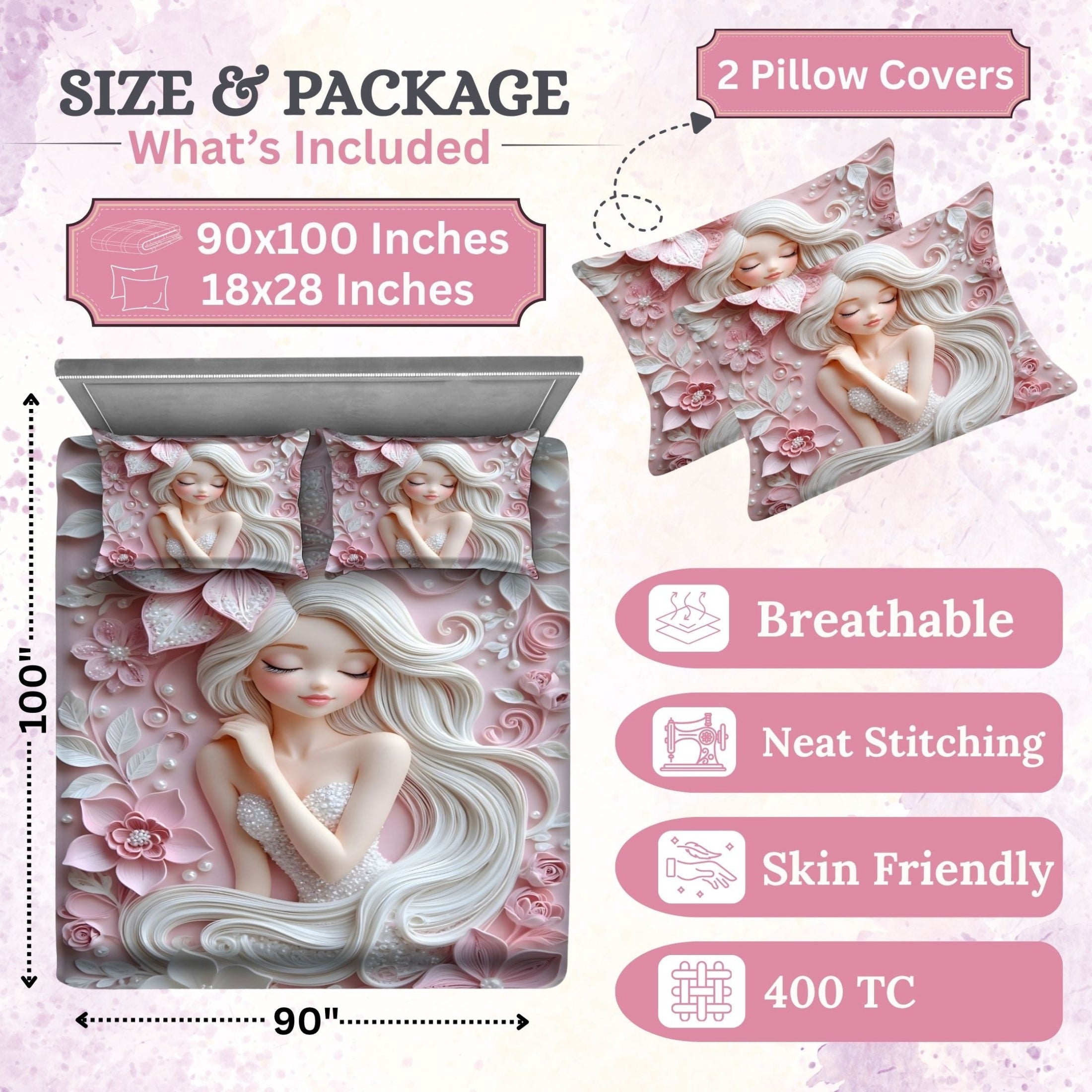 7D Digital Printed Princess Cotton Feel Microfiber King Size Double Bedsheet with Pillow Covers - Decovia