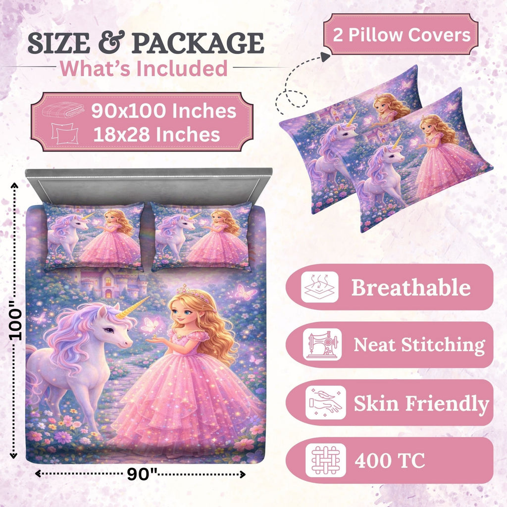 7D Digital Printed Princess & Unicorn Cotton Feel Microfiber King Size Double Bedsheet with Pillow Covers - Decovia
