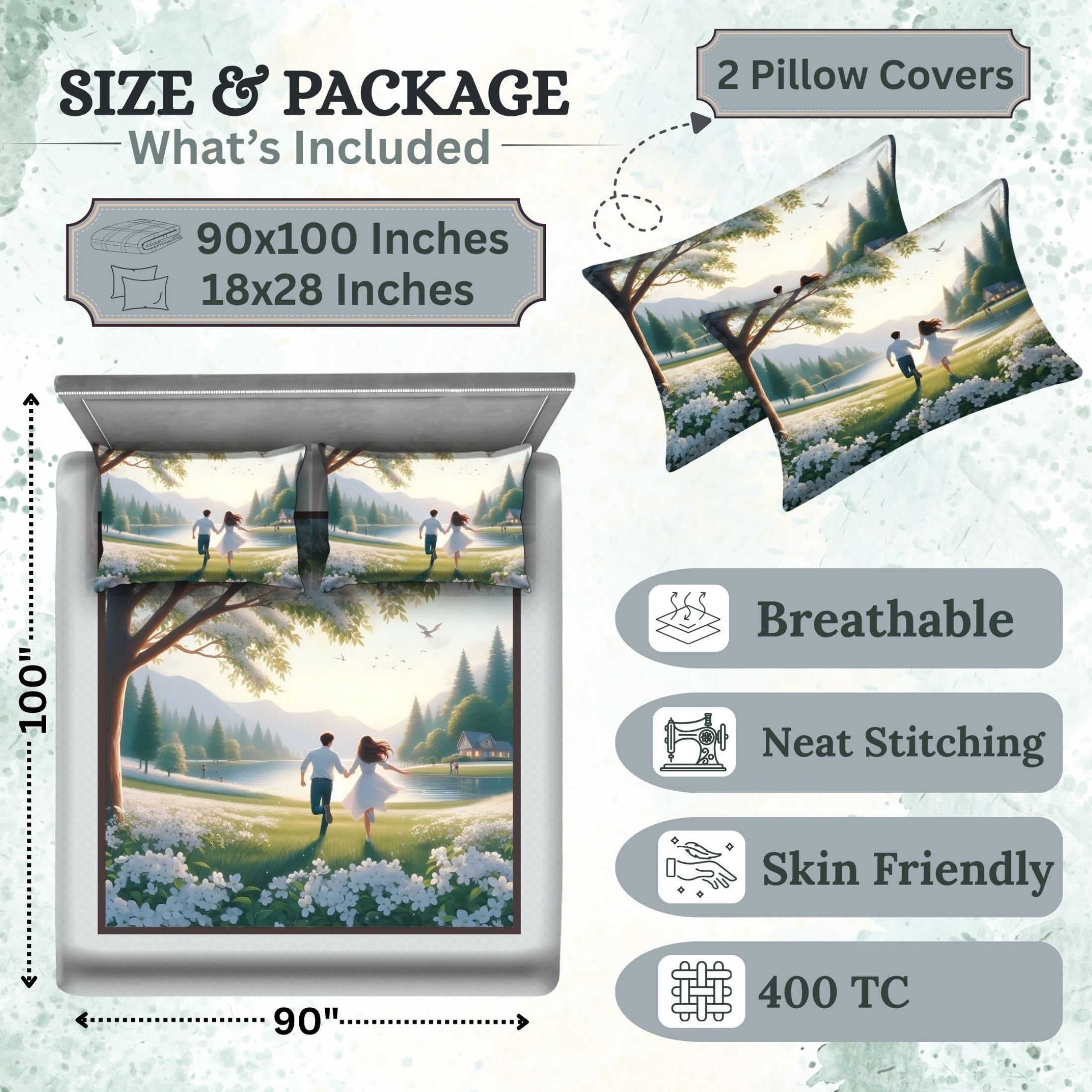 7D Digital Printed Couple Cotton Feel Microfiber King Size Double Bedsheet with Pillow Covers - Decovia