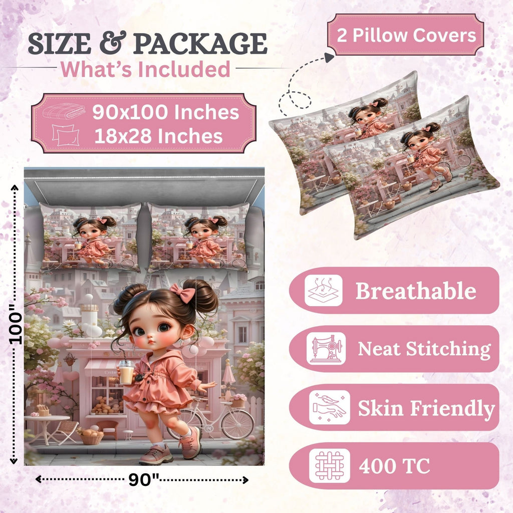 7D Digital Printed Cute Girl Cotton Feel Microfiber King Size Double Bedsheet with Pillow Covers - Decovia
