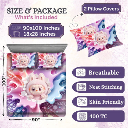 7D Digital Printed Cute Pink Bunny Cotton Feel Microfiber King Size Double Bedsheet with Pillow Covers - Decovia