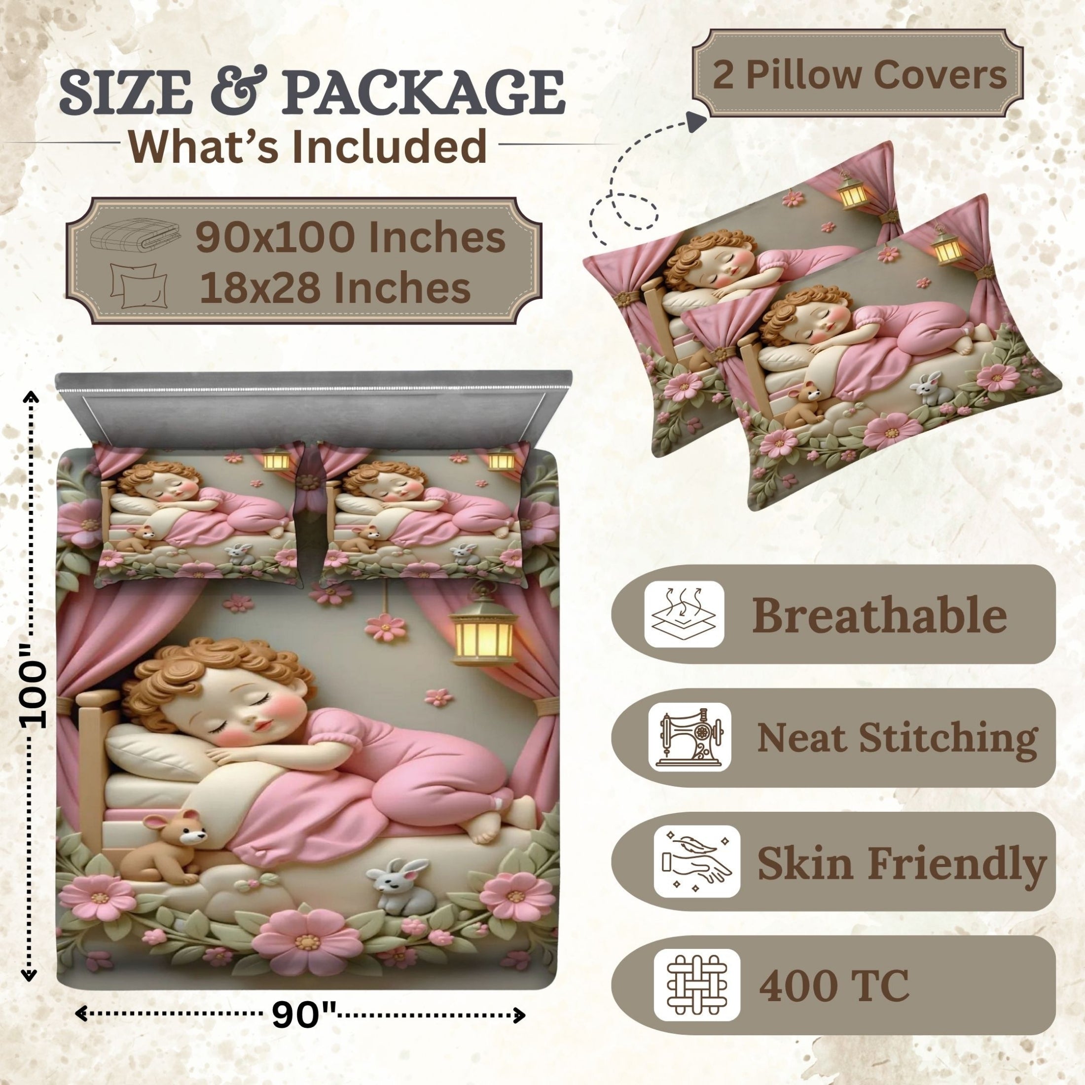 7D Digital Printed Sleeping Doll Cotton Feel Microfiber King Size Double Bedsheet with Pillow Covers - Decovia