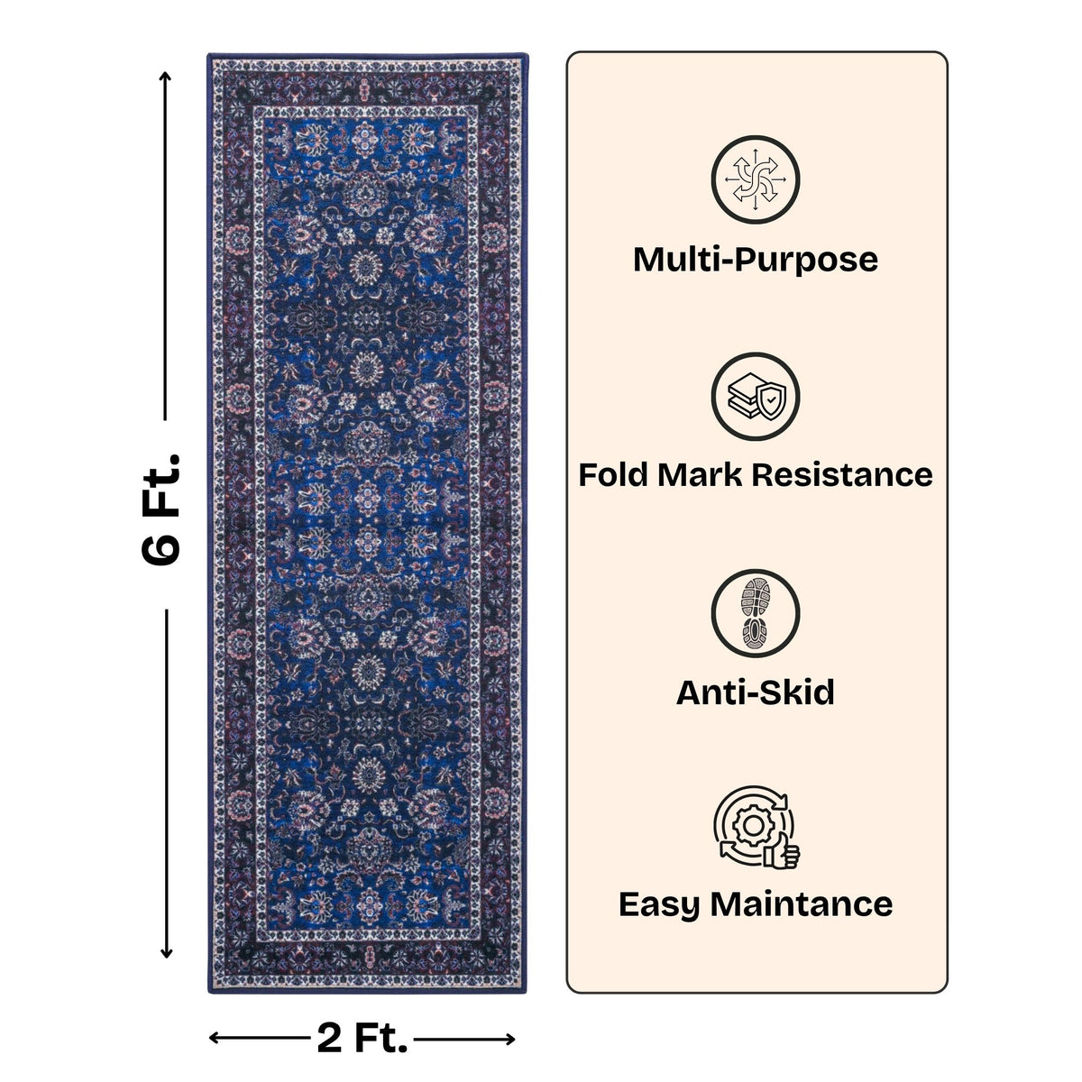 Premium Floral Persian Pattern Digital Print Area Rug | Navy Blue, Burgundy Red, and Cream Medallion Accent Rug - Decovia