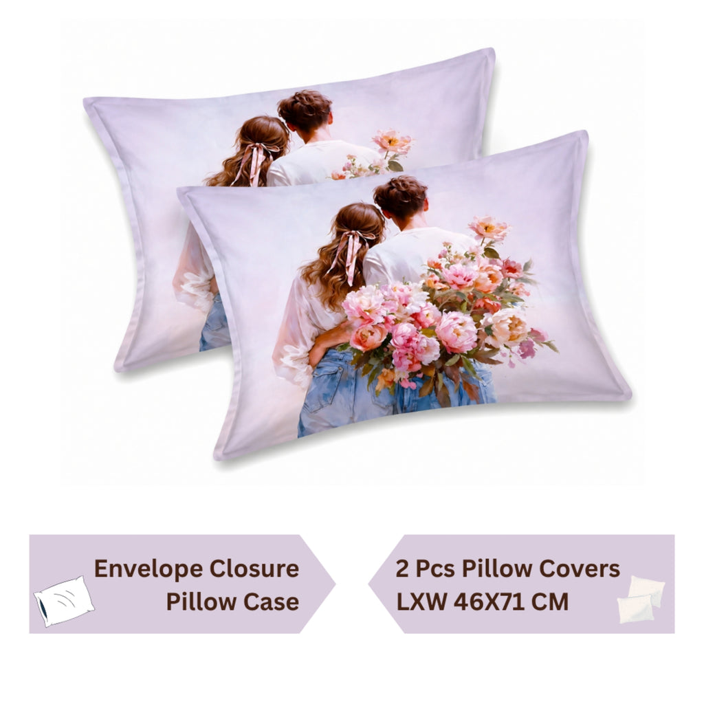 7D Digital Printed Romantic Couple Cotton Feel Microfiber King Size Double Bedsheet with Pillow Covers - Decovia