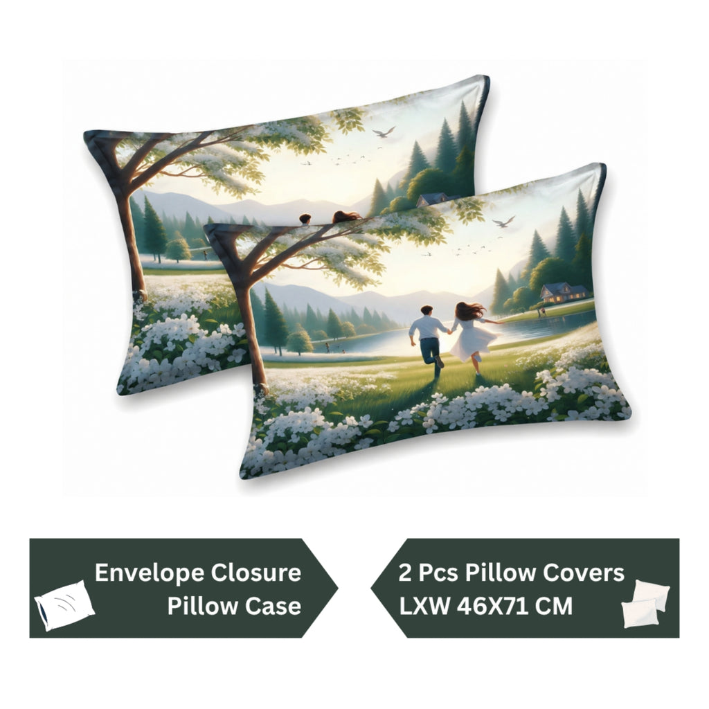 7D Digital Printed Couple Cotton Feel Microfiber King Size Double Bedsheet with Pillow Covers - Decovia