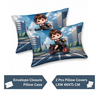 7D Digital Printed Little Biker Cotton Feel Microfiber King Size Double Bedsheet with Pillow Covers - Decovia