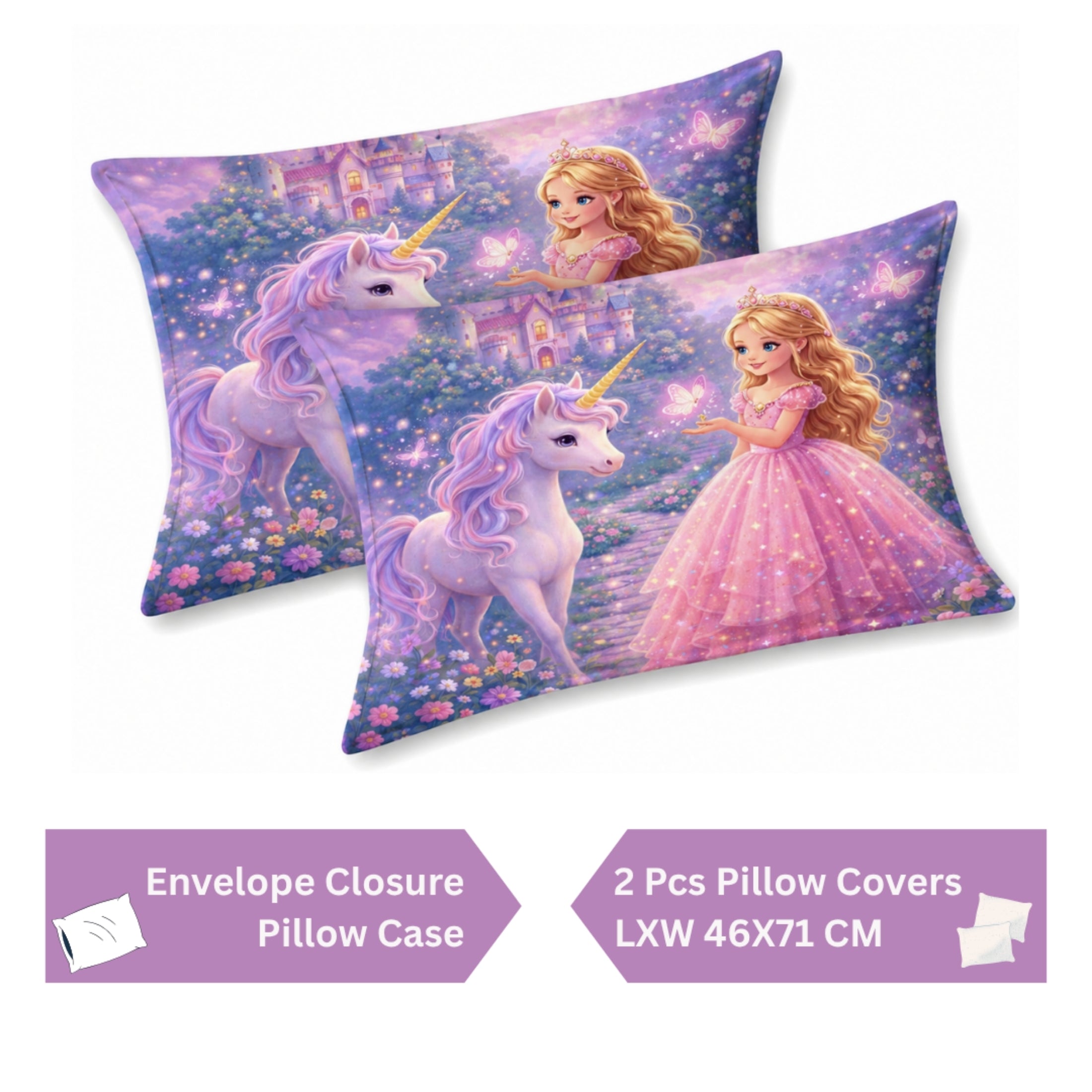 7D Digital Printed Princess & Unicorn Cotton Feel Microfiber King Size Double Bedsheet with Pillow Covers - Decovia