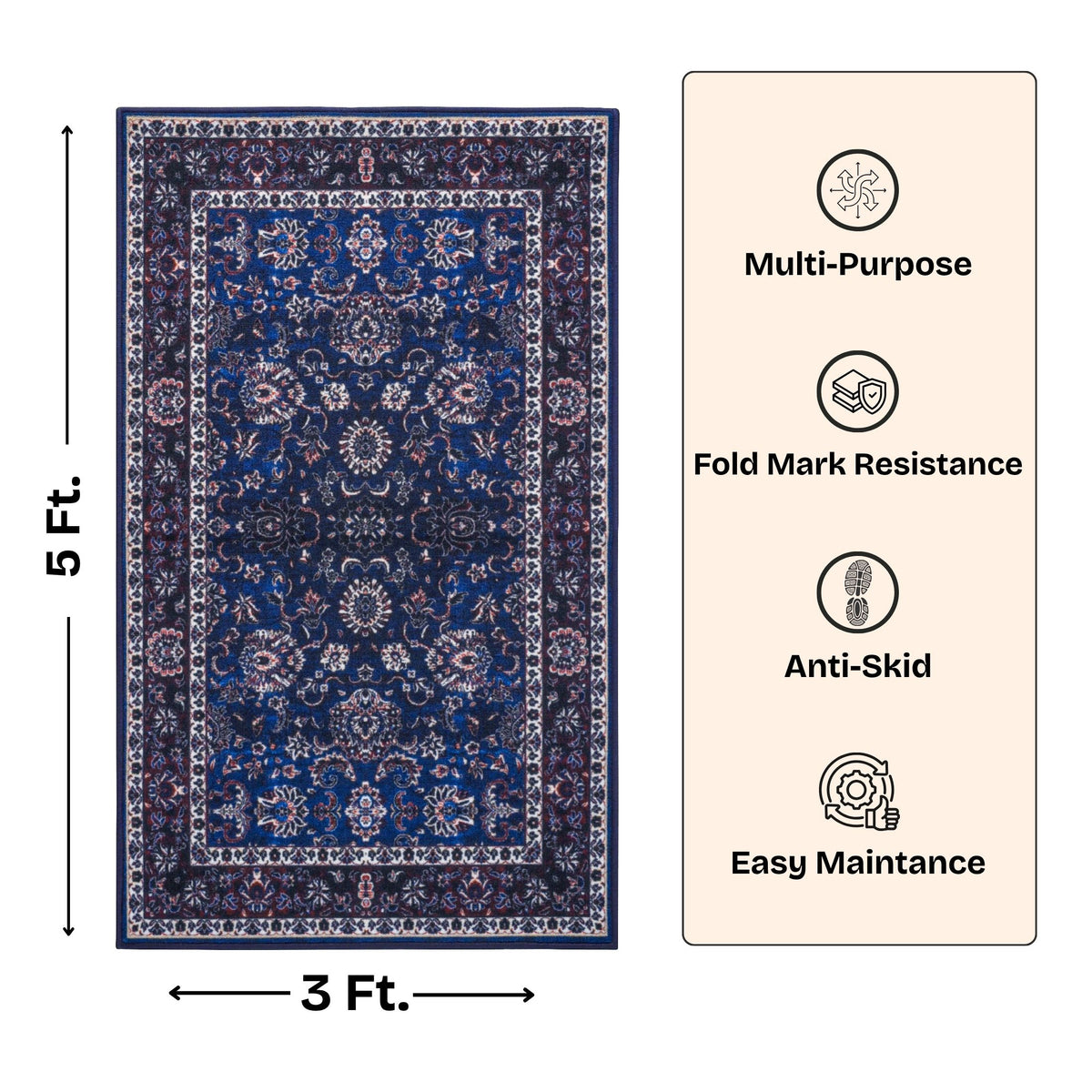 Premium Floral Persian Pattern Digital Print Area Rug | Navy Blue, Burgundy Red, and Cream Medallion Accent Rug - Decovia