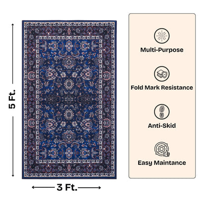 Premium Floral Persian Pattern Digital Print Area Rug | Navy Blue, Burgundy Red, and Cream Medallion Accent Rug - Decovia