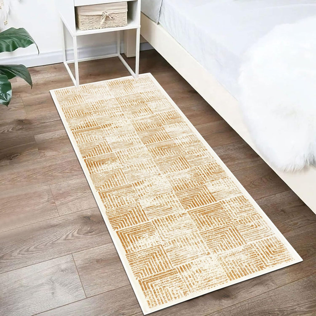 Modern Geometric Digital Print  Area Rug | Premium Yellow Mustard and Cream Woven Rug - Decovia