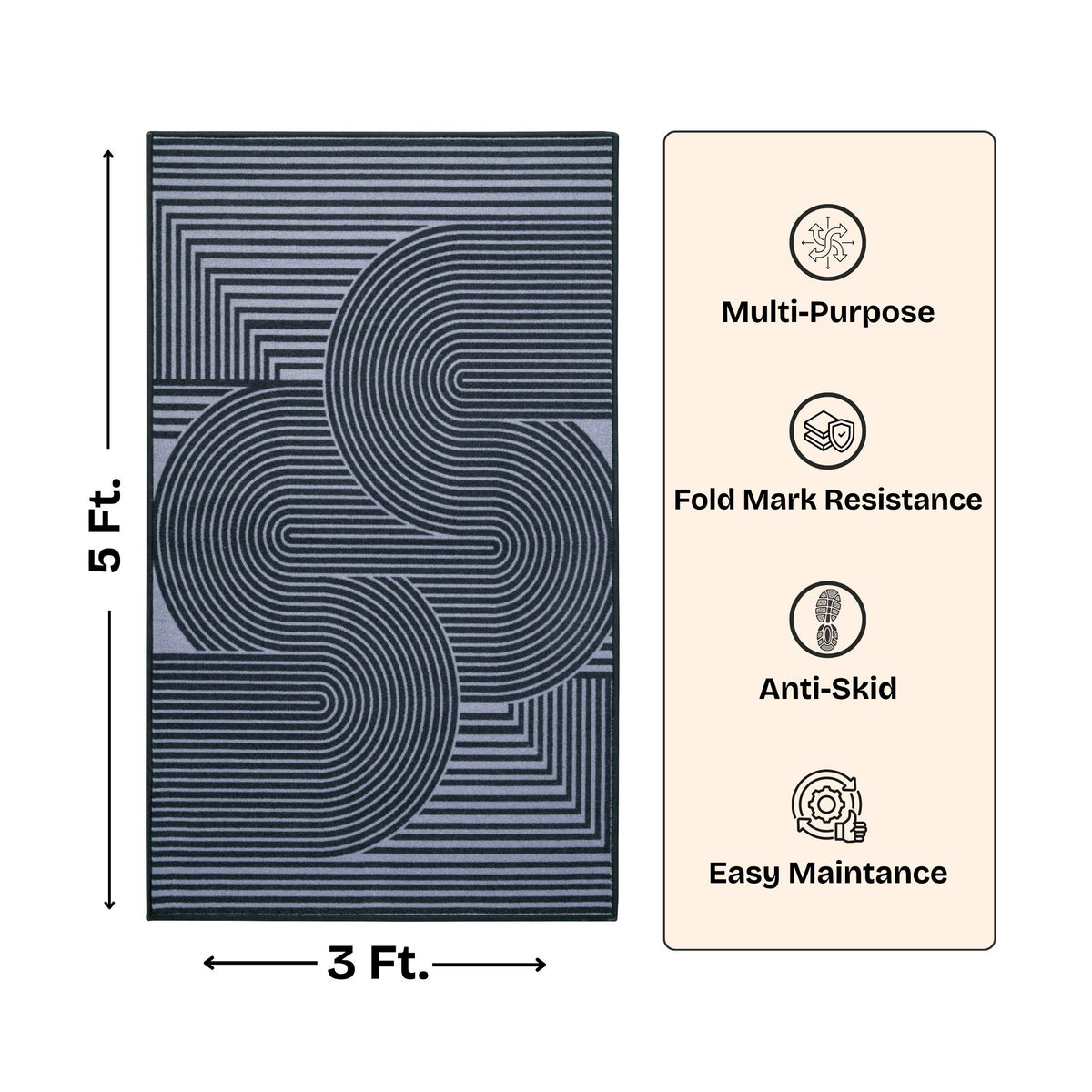 Modern Abstract Geometric Digital Print Area Rug | Black and Grey Abstract Swirl Accent Rug - Decovia