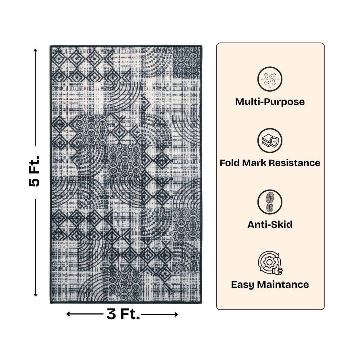 Modern Abstract Geometric Digital Print Area Rug | Charcoal Black and Cream Bohemian Accent Rug - Decovia