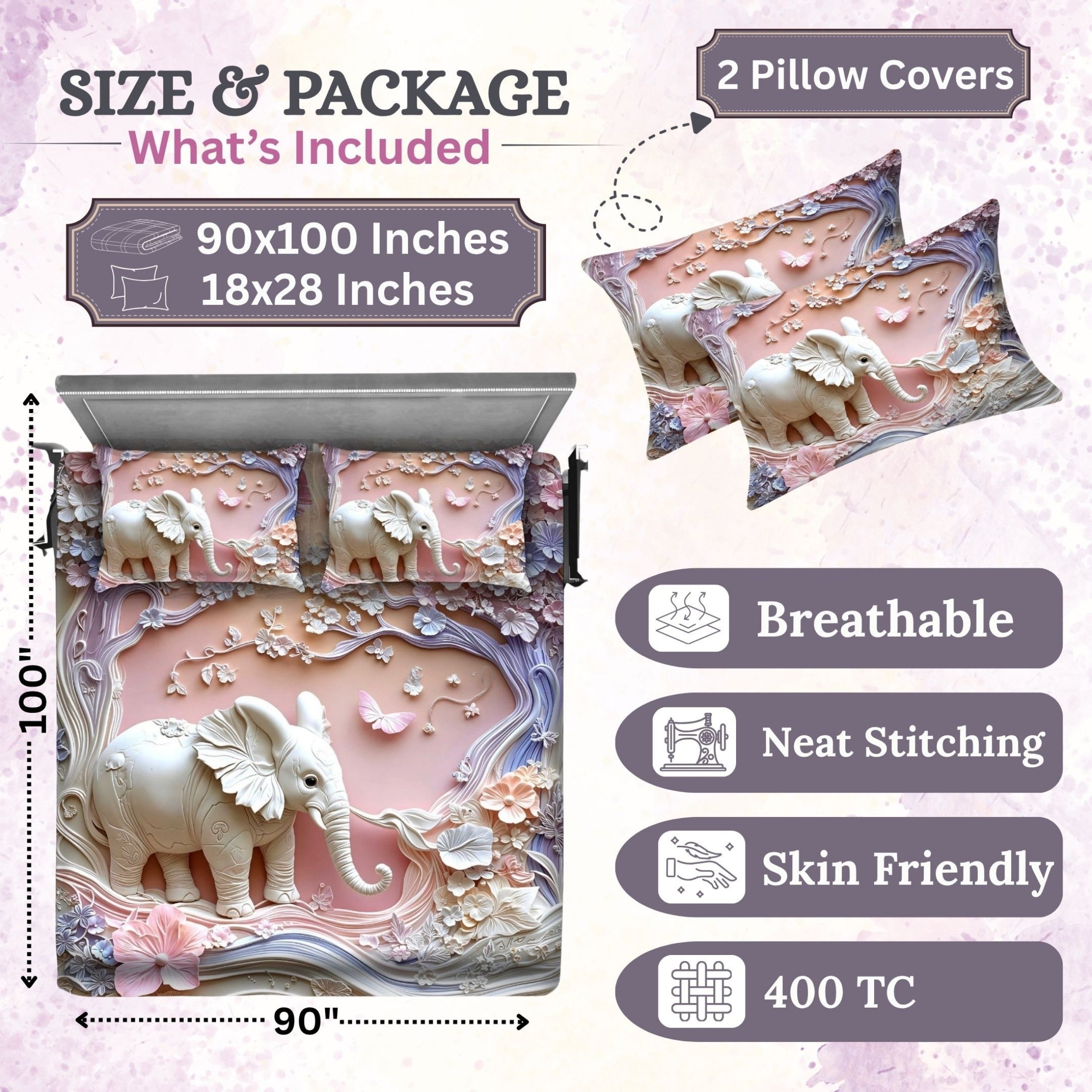 7D Digital Printed Elephant Cotton Feel Microfiber King Size Double Bedsheet with Pillow Covers - Decovia