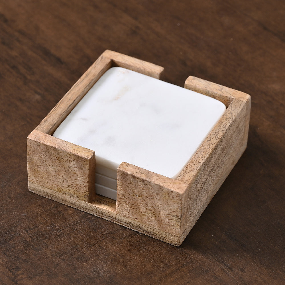 White Marble Coaster Set of 4 with Wooden Holder by Decovia