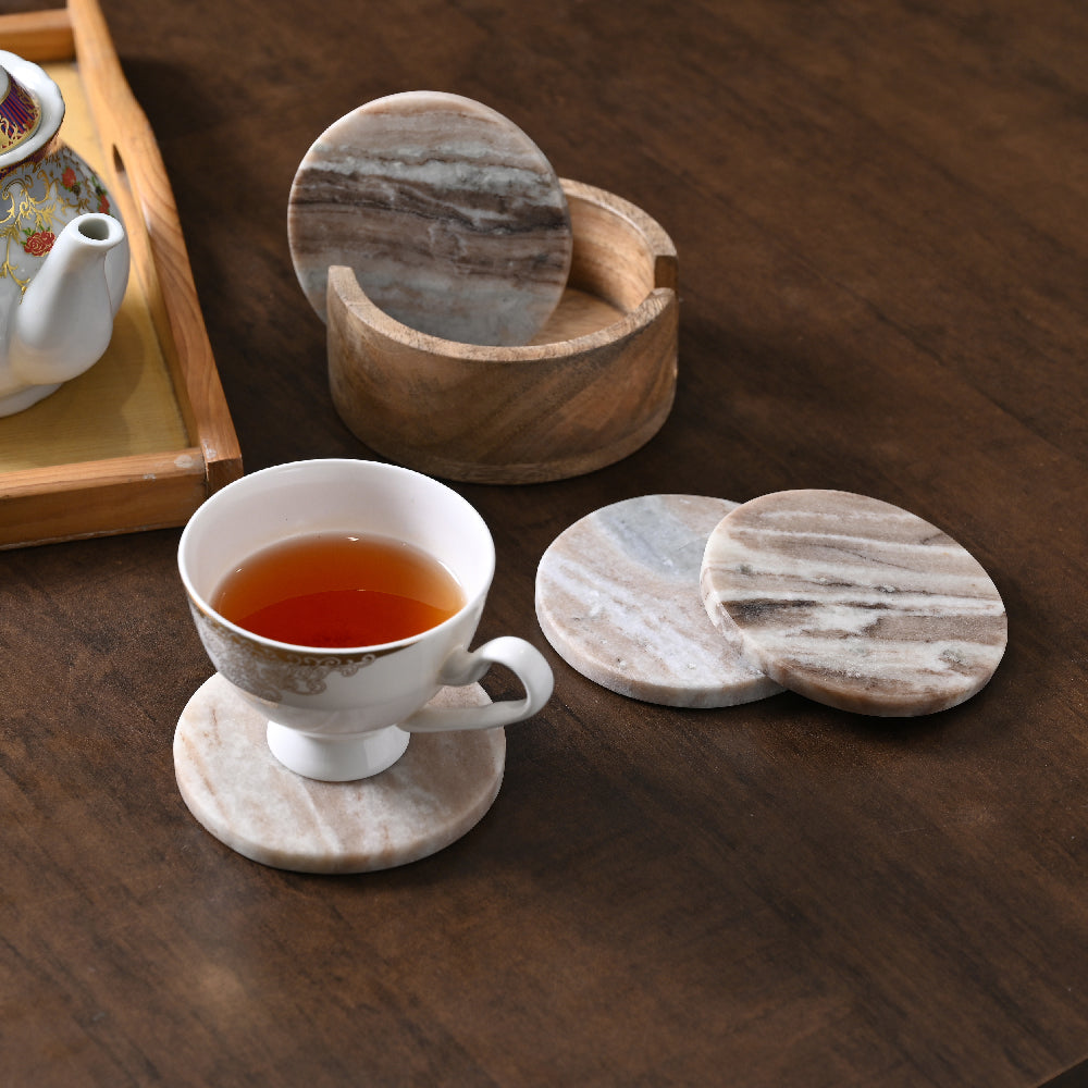 Brown Marble Coaster Set of 4 with Wooden Holder by Decovia
