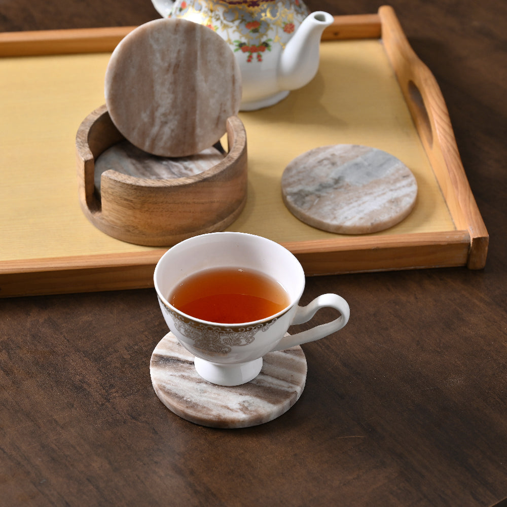 Brown Marble Coaster Set of 4 with Wooden Holder by Decovia