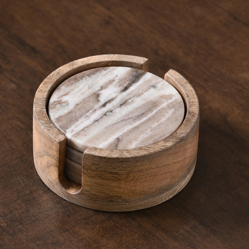 Brown Marble Coaster Set of 4 with Wooden Holder by Decovia