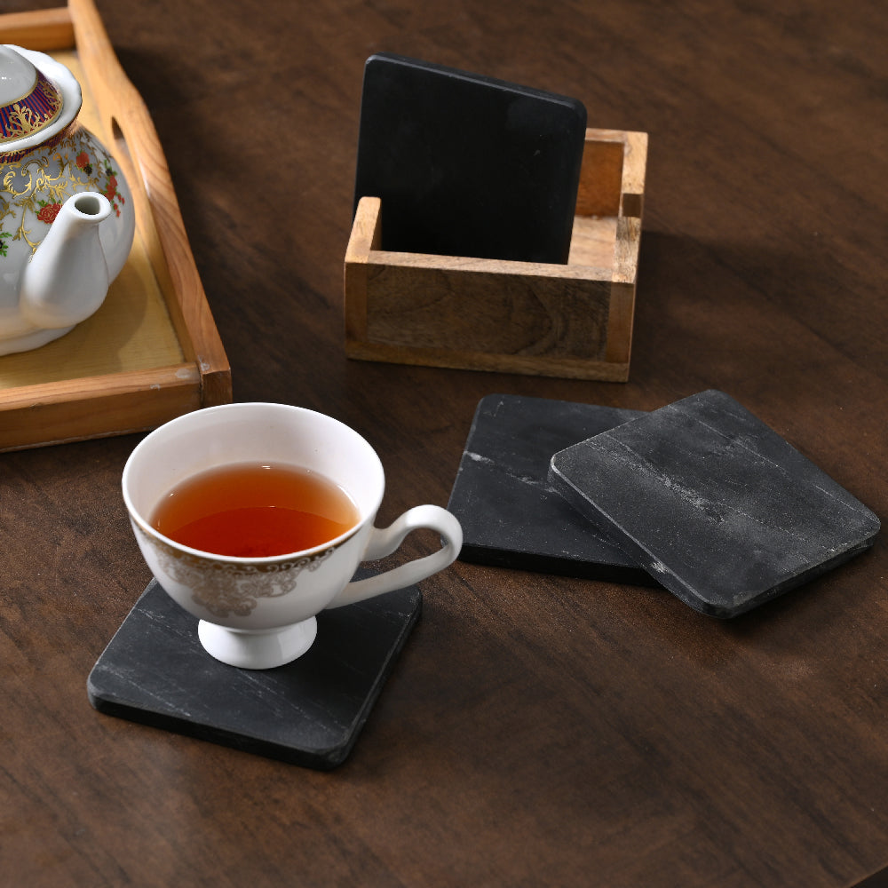 Black Marble Coaster Set of 4 with Wooden Holder By Decovia