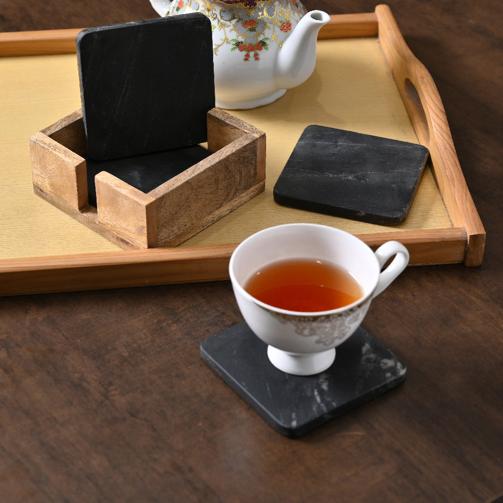 Black Marble Coaster Set of 4 with Wooden Holder By Decovia