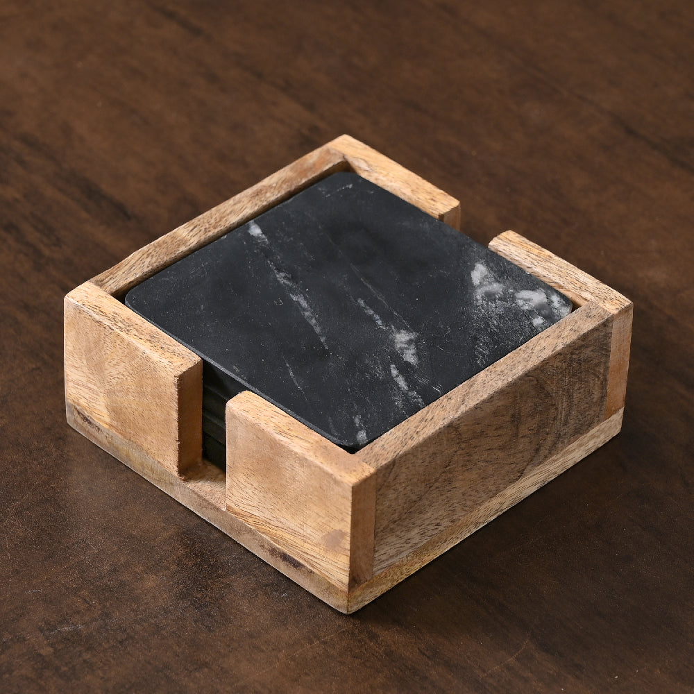 Black Marble Coaster Set of 4 with Wooden Holder By Decovia