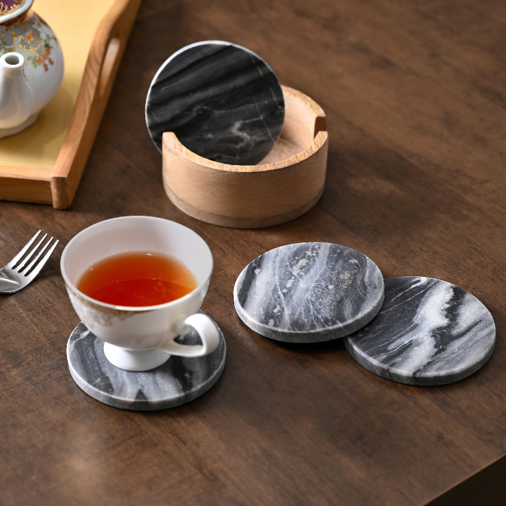 Grey Marble Coaster Set of 4 with Wooden Holder by Decovia