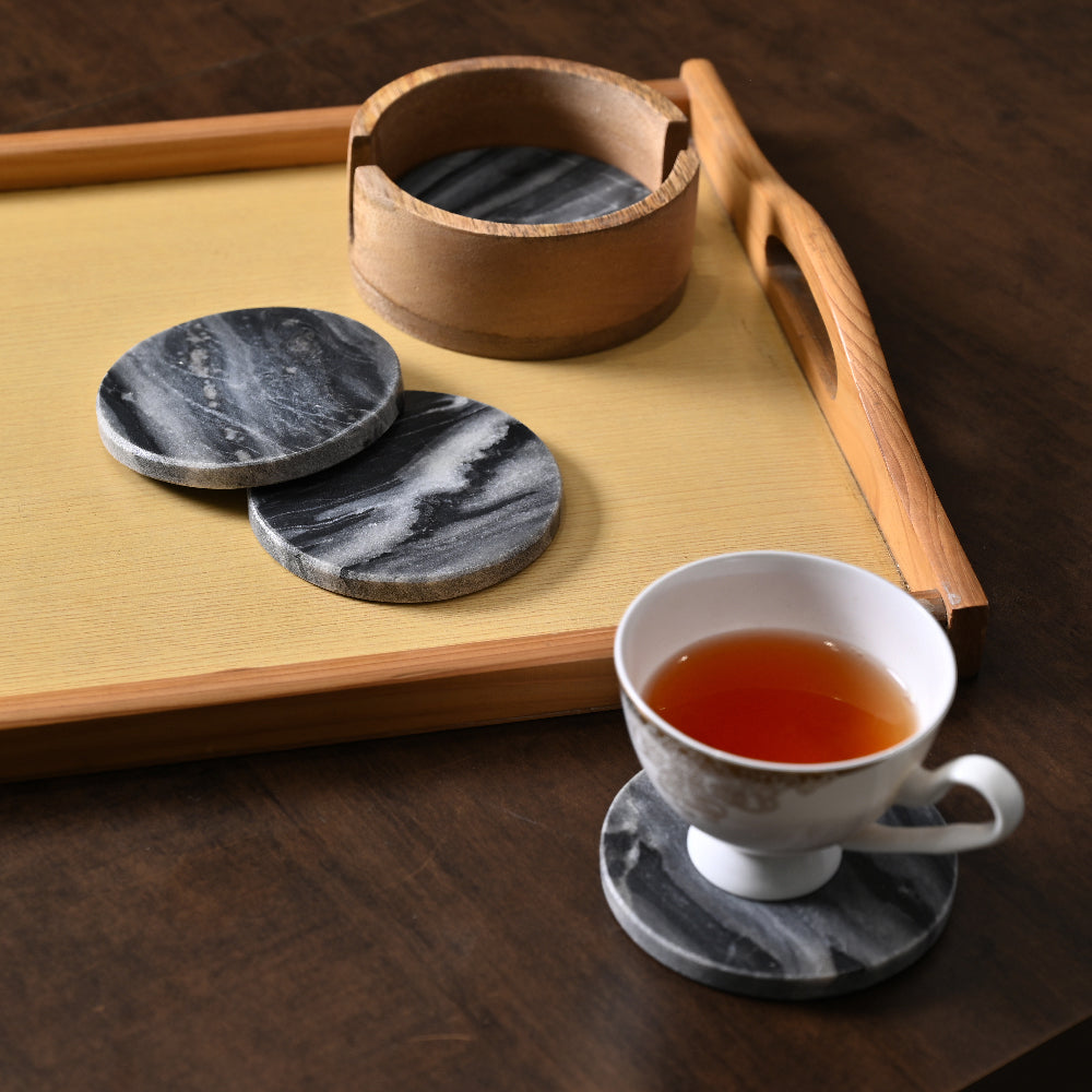 Grey Marble Coaster Set of 4 with Wooden Holder by Decovia
