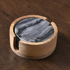 Grey Marble Coaster Set of 4 with Wooden Holder by Decovia