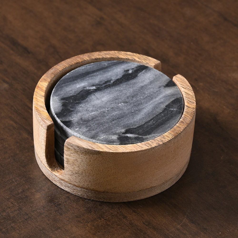 Grey Marble Coaster Set of 4 with Wooden Holder by Decovia