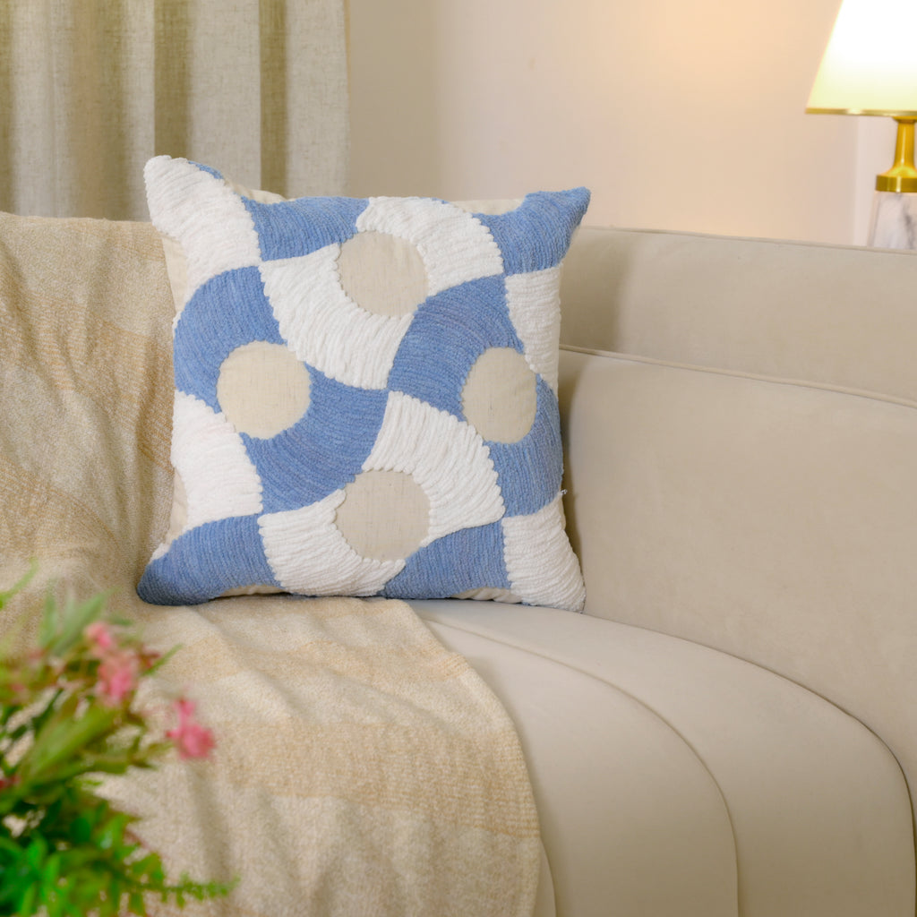 Blue and White Tufted Geometric Cushion Cover – Textured Cotton Accent Pillow