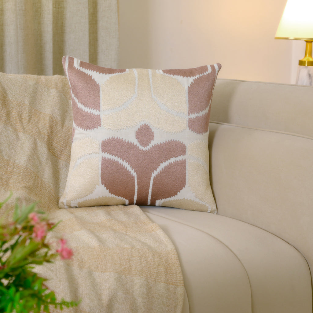 Hand-Embroidered Cotton Cushion Cover – Modern Ikat Pattern in Blush & Cream