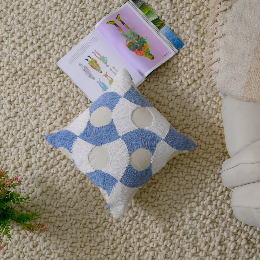 Blue and White Tufted Geometric Cushion Cover – Textured Cotton Accent Pillow
