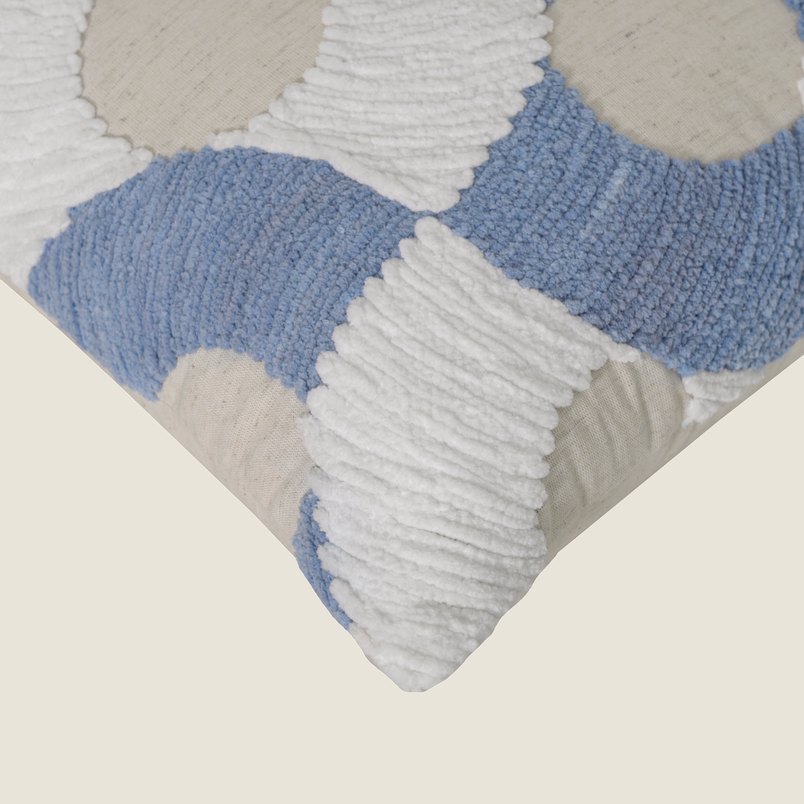 Blue and White Tufted Geometric Cushion Cover – Textured Cotton Accent Pillow